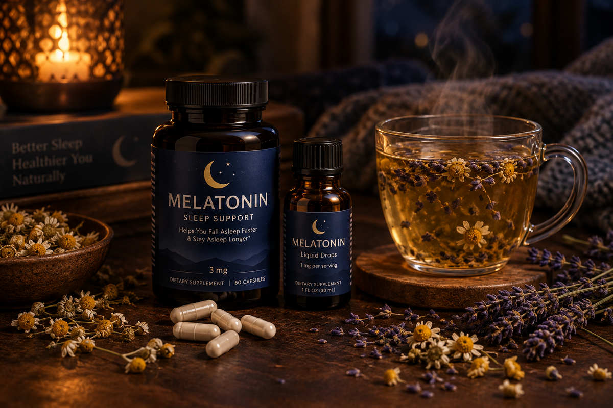 melatonin supplements beside a cup of herbal sleep tea