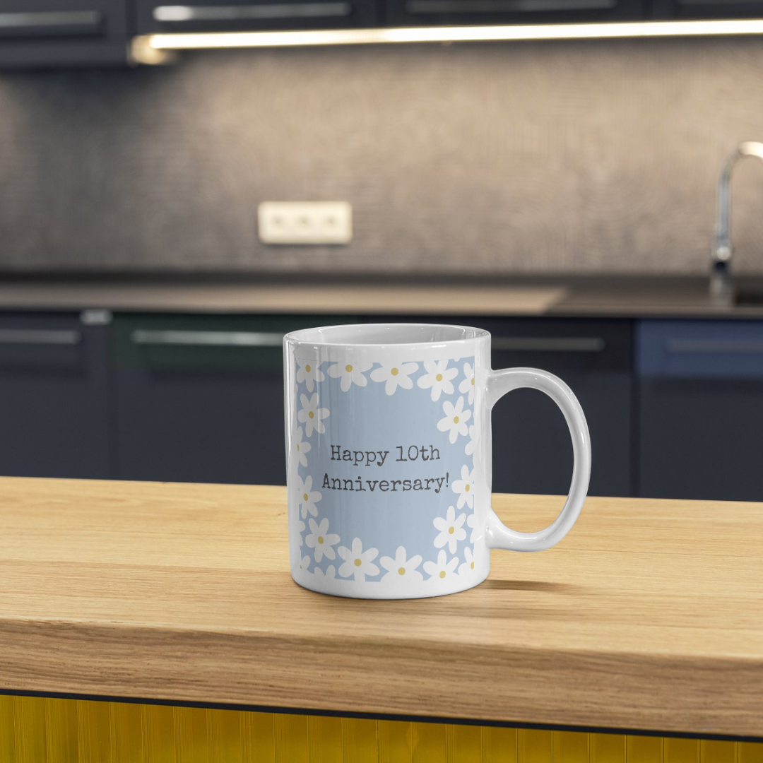 Custom design mug showcasing personalized artwork and text for unique coffee experience