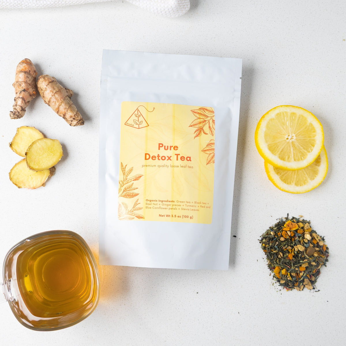 Pure Detox Tea organic loose leaf blend with green tea, turmeric, ginger, and bael nut for digestion and detoxification