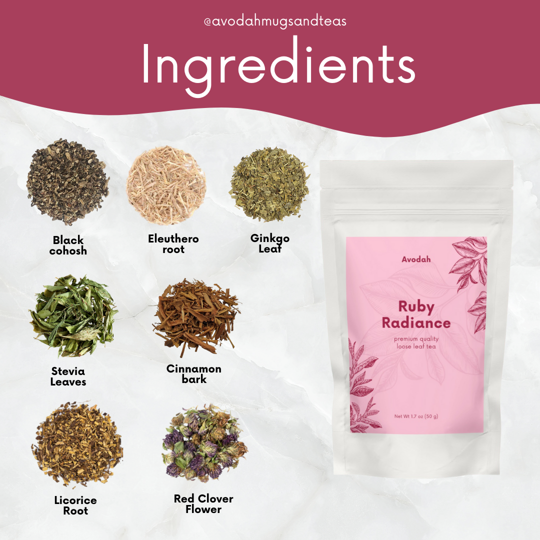 Ruby Radiance Tea loose leaf blend for menopause relief with ginkgo, licorice, red clover, and cinnamon