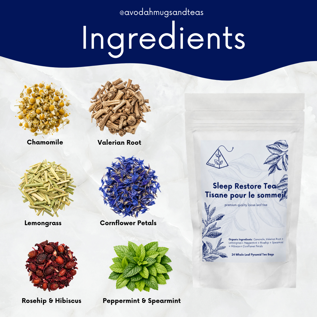 Sleep Restore Tea herbal bedtime tea blend in pyramid tea bags