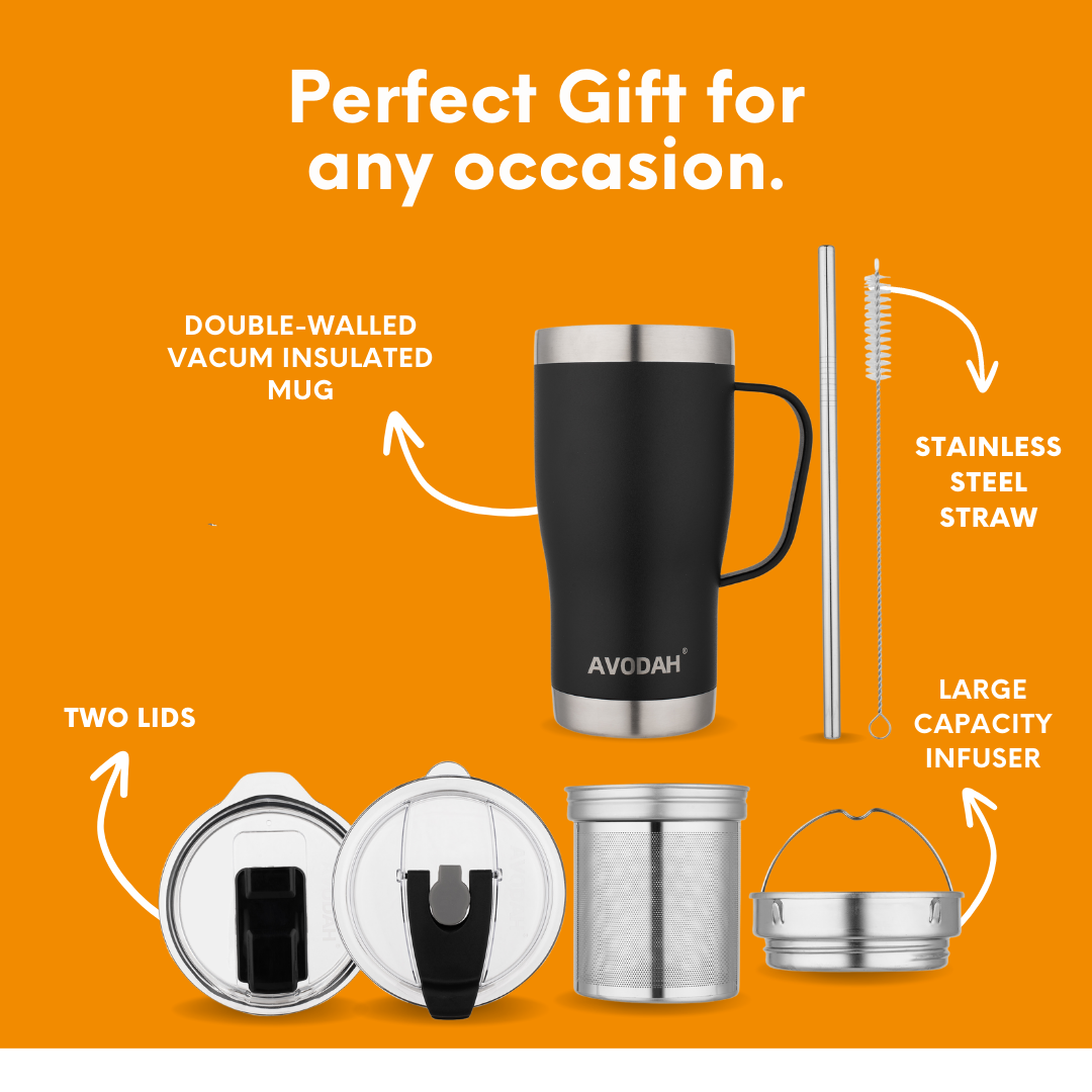 Avodah black tea infuser travel mug with lid and straw for hot and cold beverages
