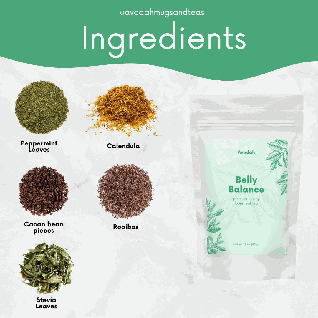 Belly Balance Tea loose leaf blend with rooibos, peppermint, calendula, cacao for digestive health and minty chocolate flavor