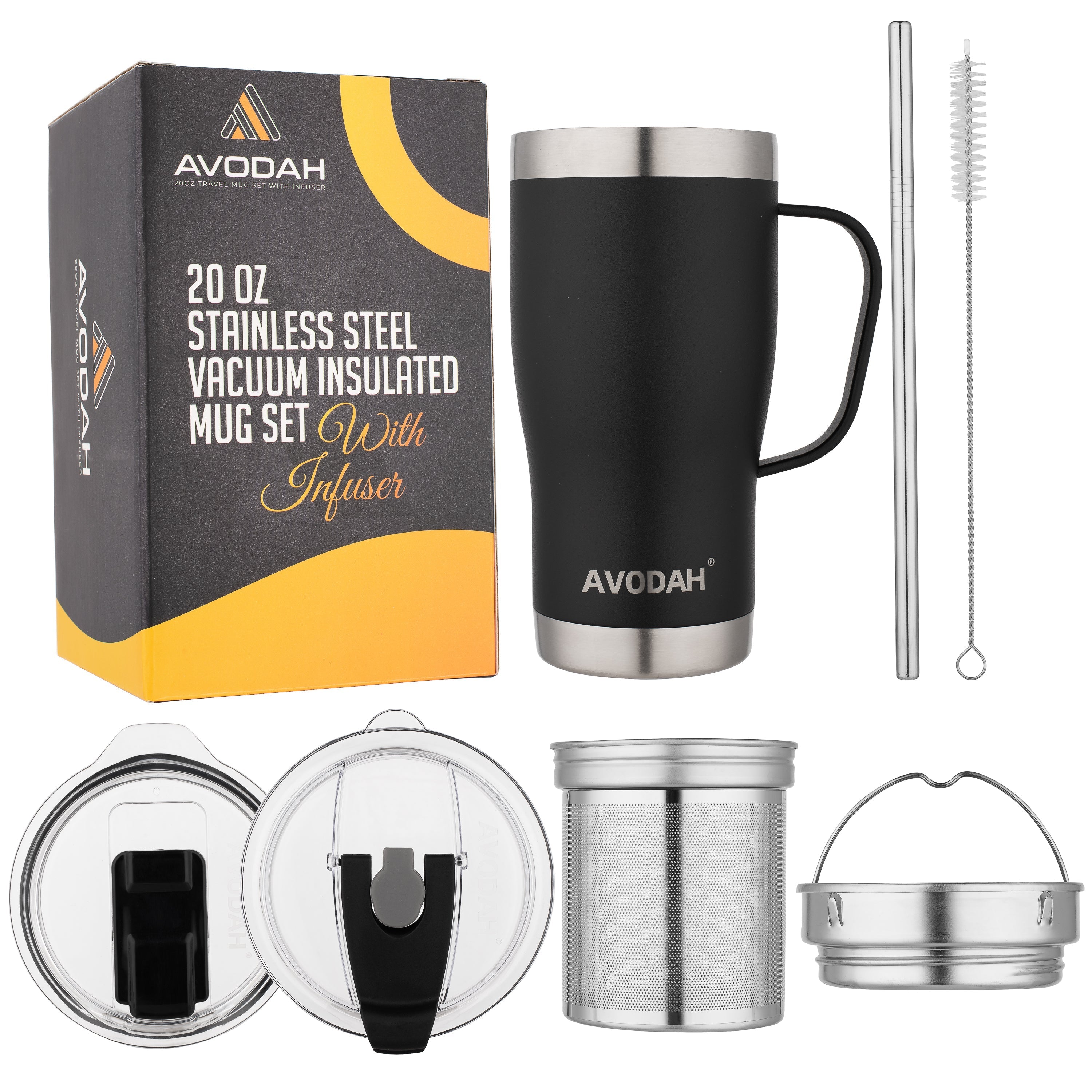 AVODAH black tea infuser travel mug with stainless steel, insulated, with lid and straw for hot and cold tea brewing on the go