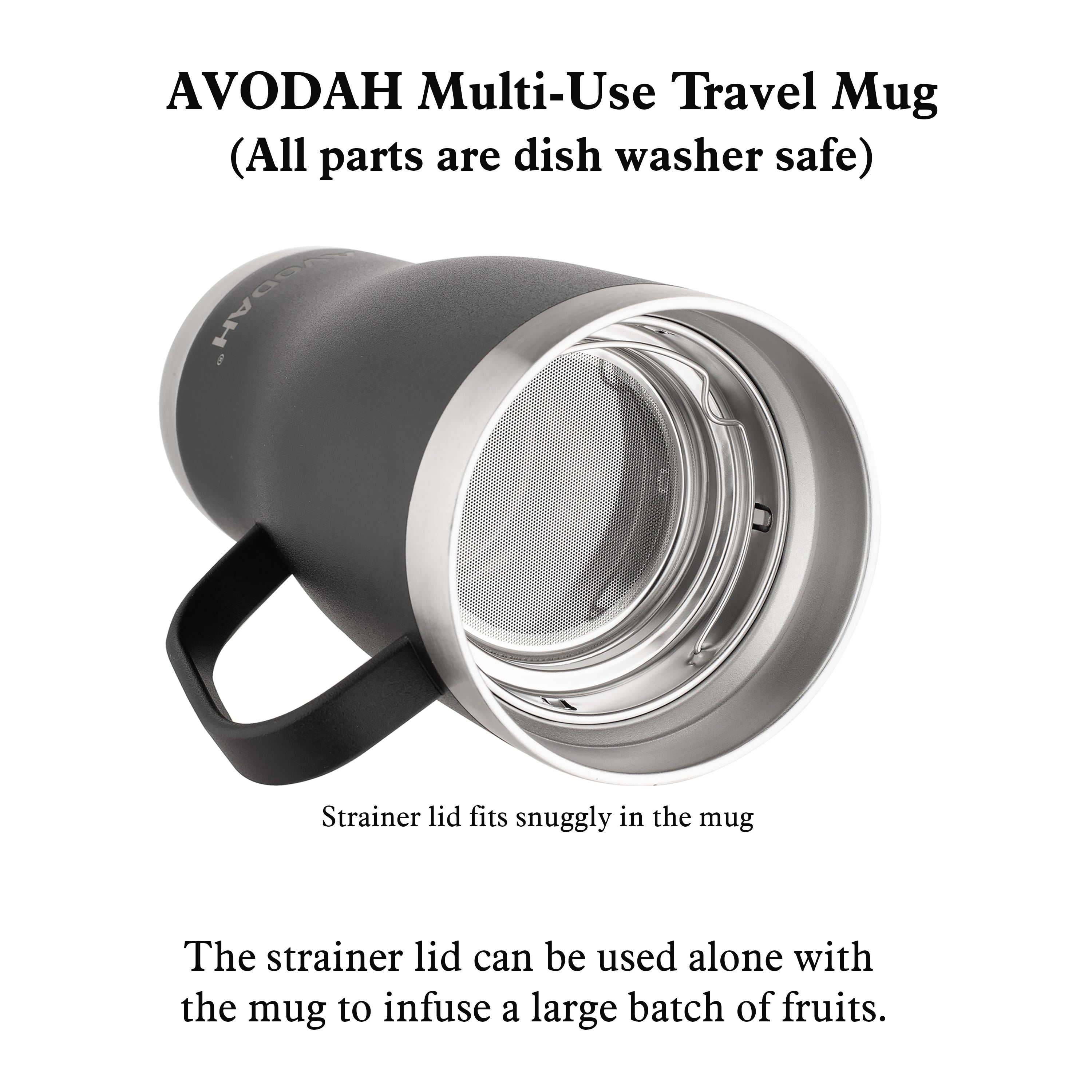 Avodah black tea infuser travel mug with stainless steel body, insulated design, fine mesh infuser, lid, and straw for hot and cold tea on the go
