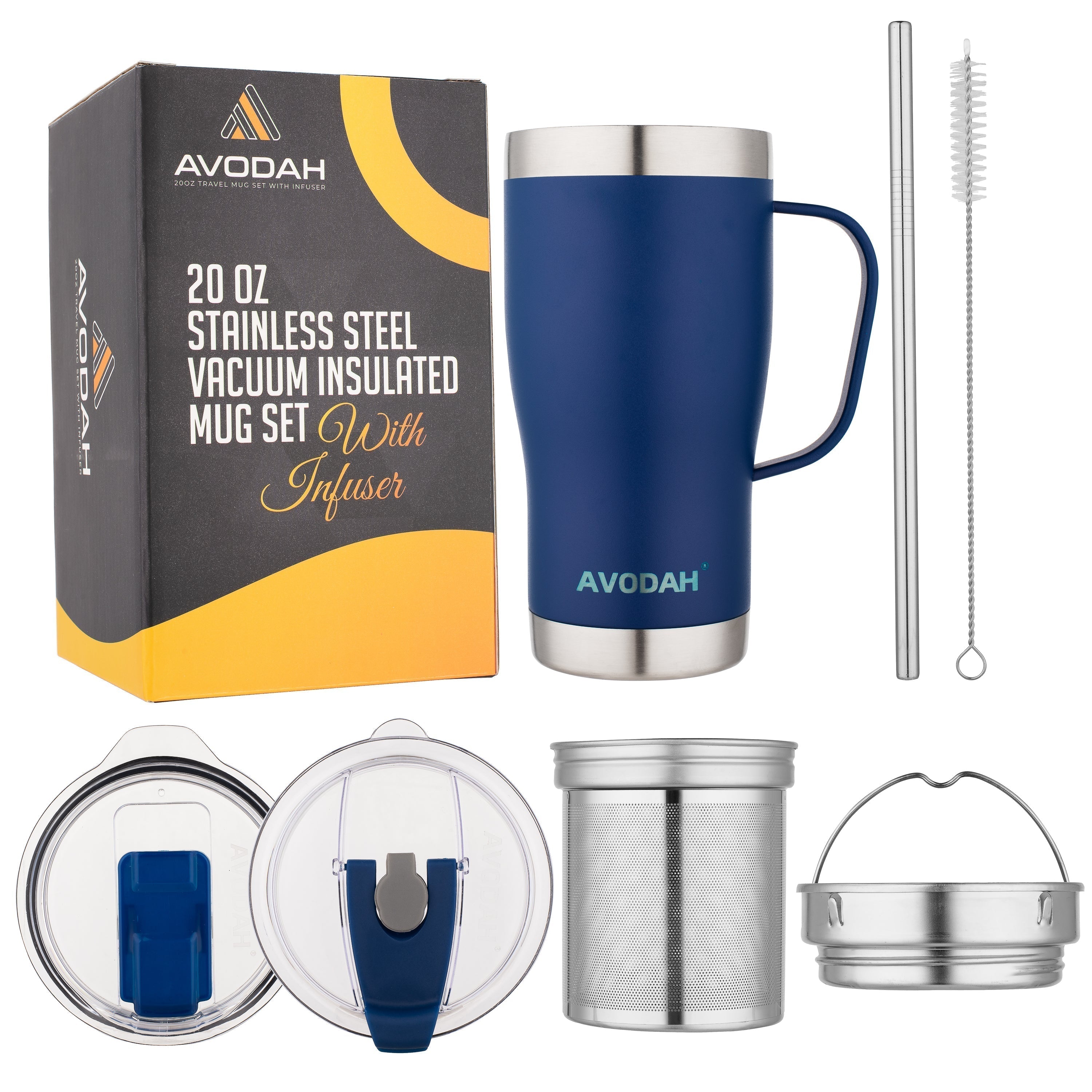 Blue travel mug with tea infuser, 20 oz stainless steel, leakproof lid, and straw for hot and cold beverages
