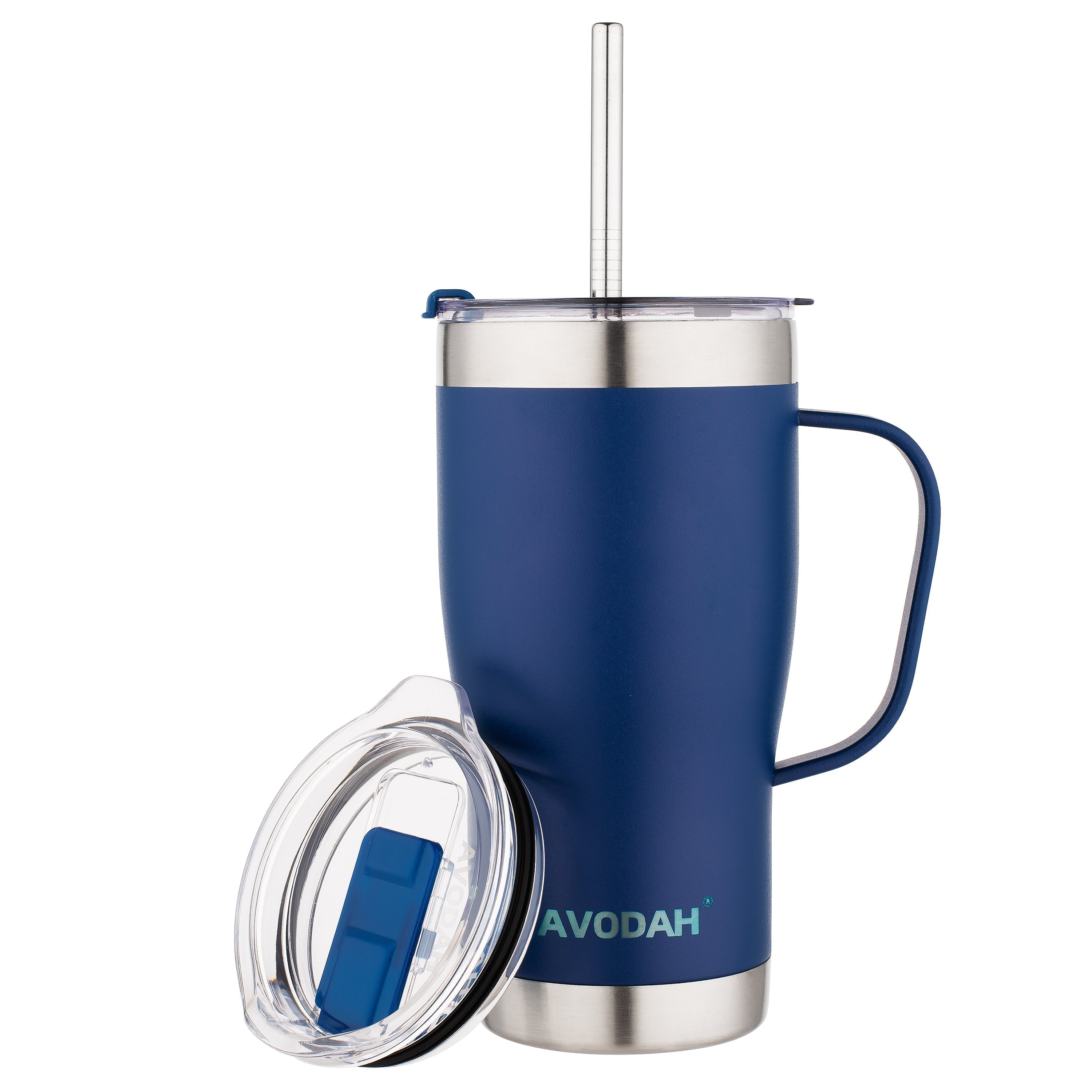 Blue AVODAH 20 oz insulated stainless steel travel tumbler with leakproof lid and reusable straw
