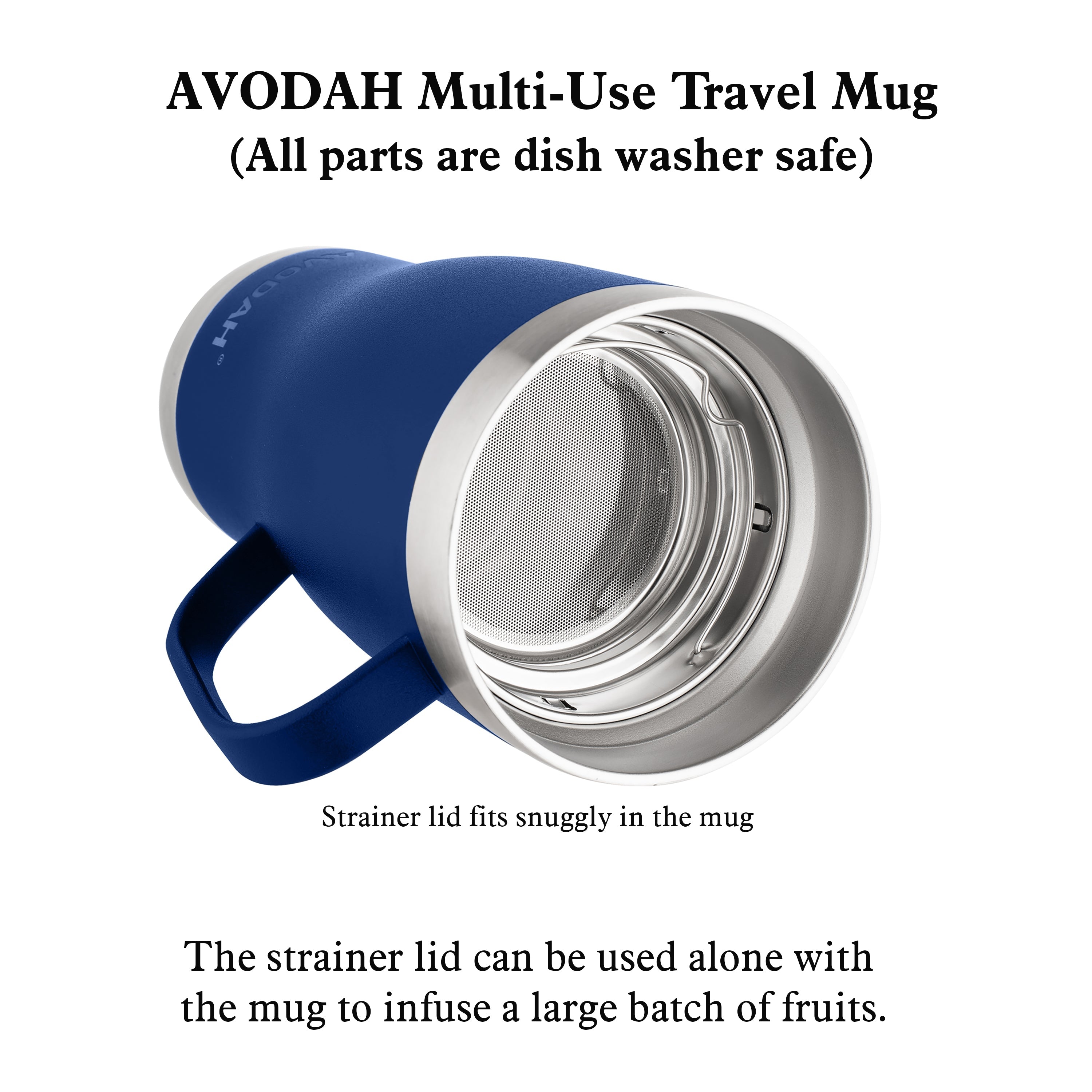 Blue travel mug with tea infuser and lid for hot and cold beverages