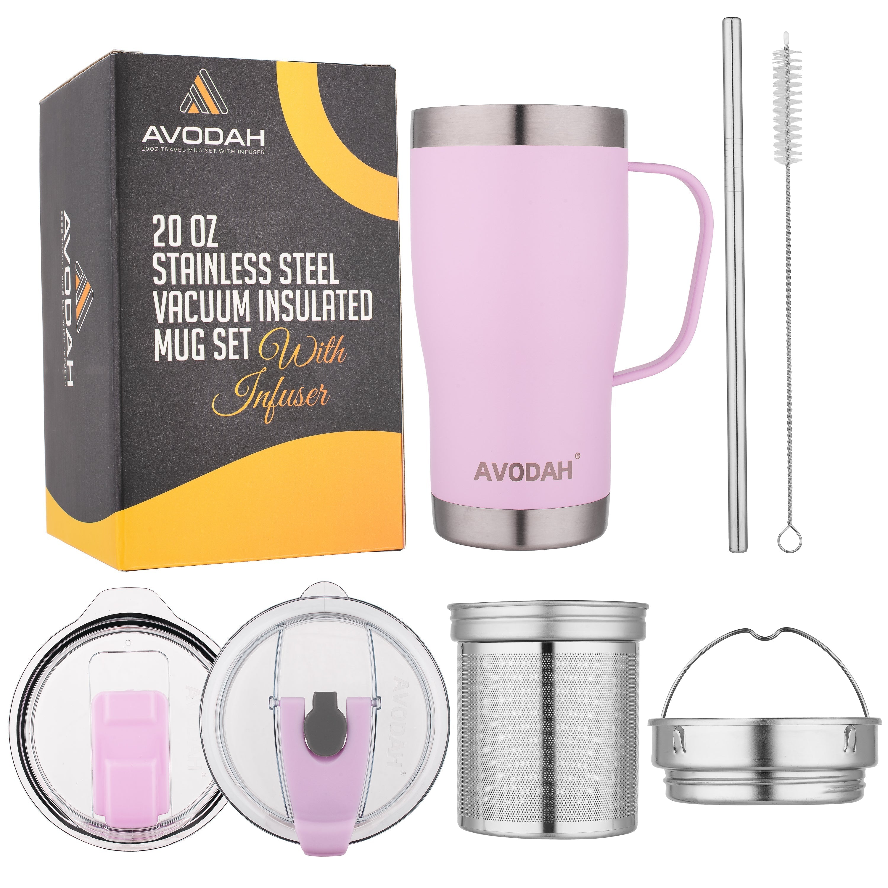 AVODAH 20 oz Lilac Travel Mug with infuser, two lids, and straw for hot and cold tea on the go