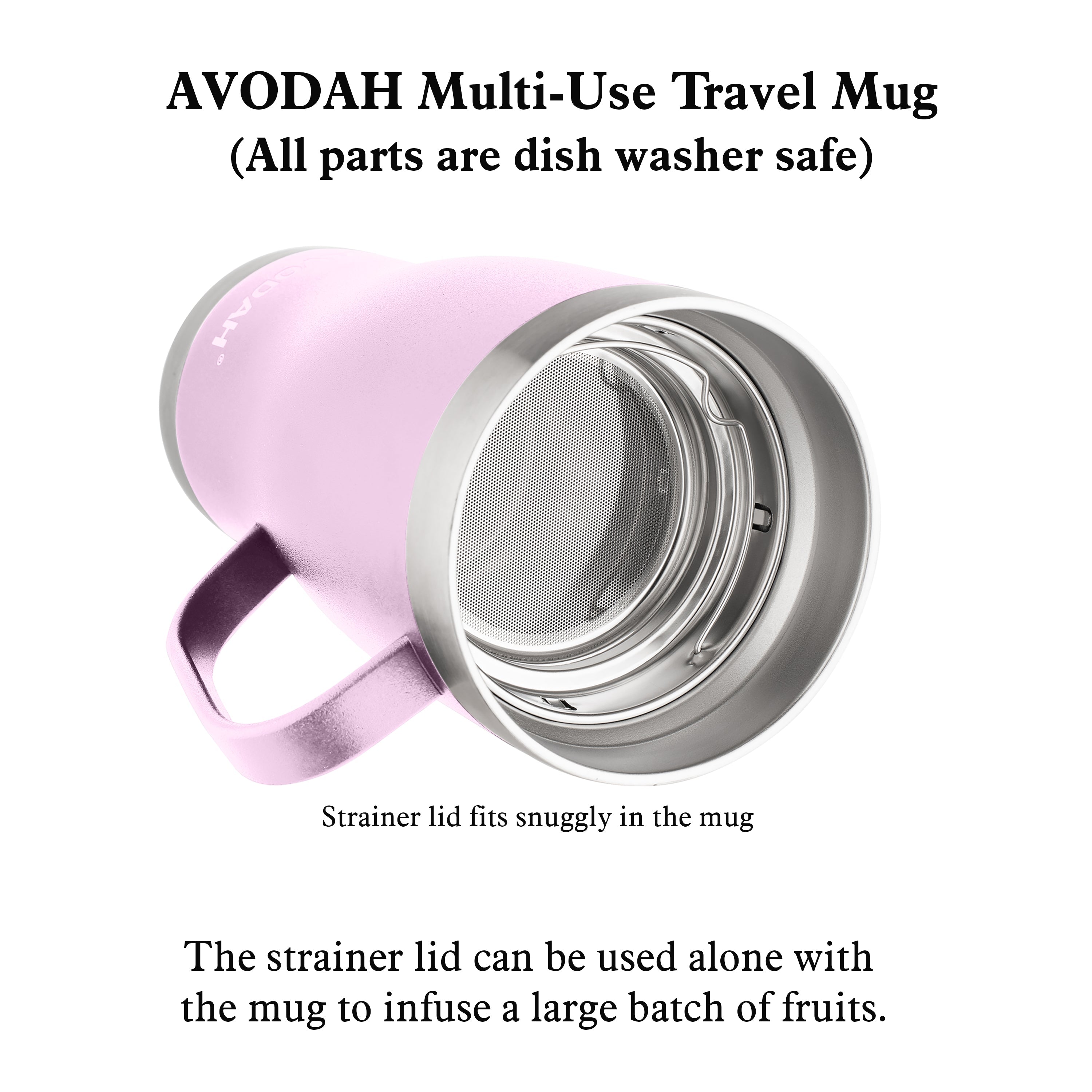 AVODAH 20 oz Lilac Travel Mug with Infuser, lid, and straw, stainless steel insulated tea tumbler
