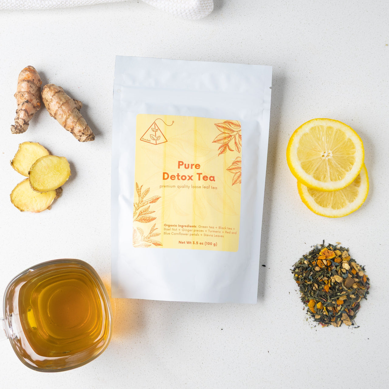 Pure Detox Tea organic loose leaf blend with green tea, turmeric, ginger, and bael nut for digestion and detoxification