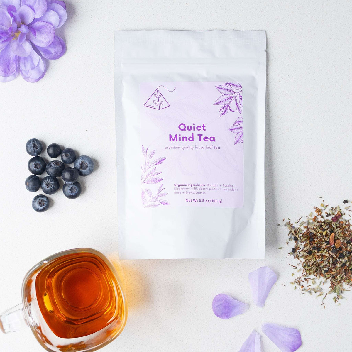 Quiet Mind Tea supplement facts and brewing instructions for hot and cold preparation