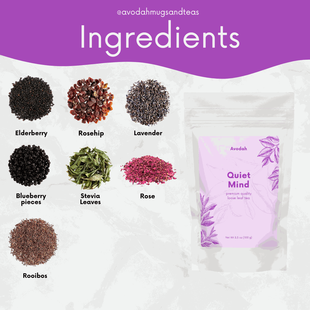 Quiet Mind Tea herbal blend with rooibos, lavender, rosehip, elderberry, and blueberry promoting relaxation and better sleep
