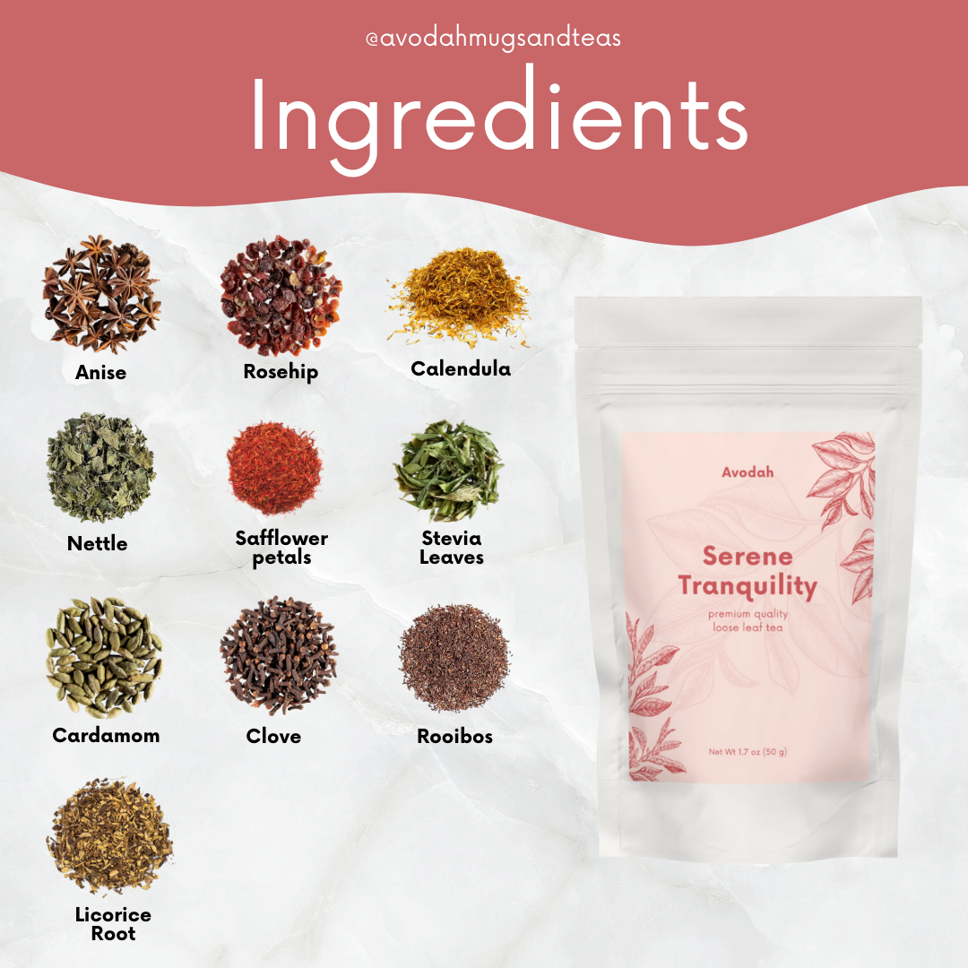 Serene Tranquility Tea blend with rooibos, rosehip, raspberry, and spices for calm and balance
