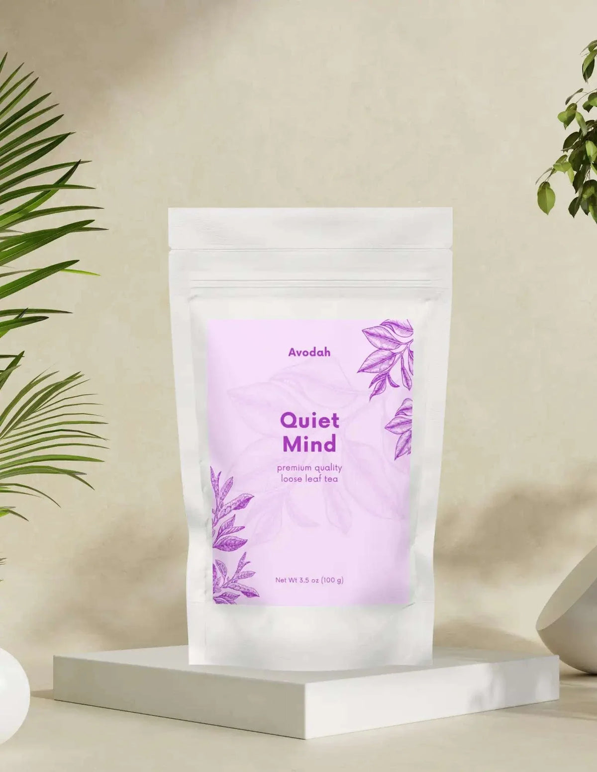 Quiet Mind Tea loose leaf blend with rooibos, lavender, rosehip, elderberry, and blueberry for calming, caffeine-free relaxation
