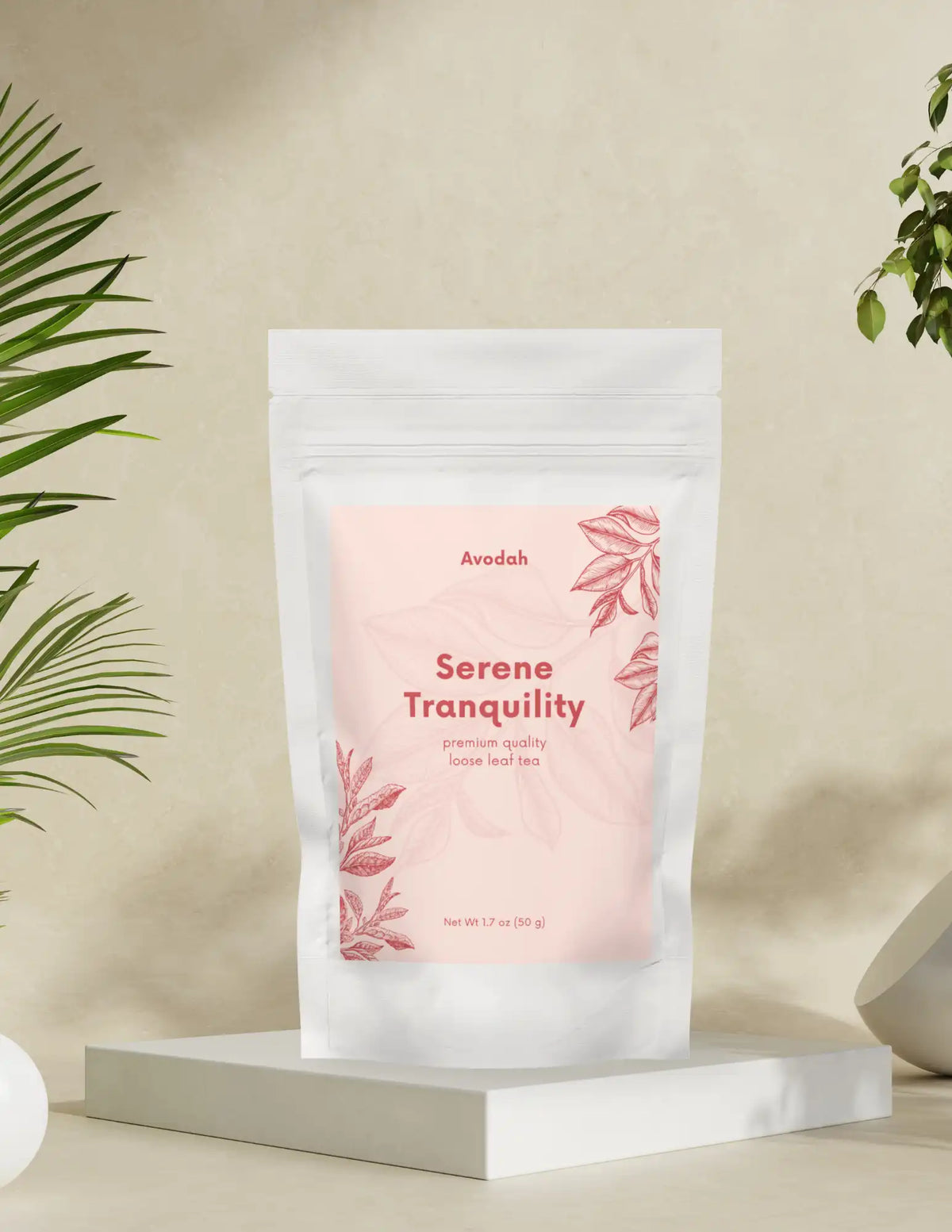 Serene Tranquility Tea blend with rooibos, rosehip, raspberry, licorice, and spices for calm and wellness